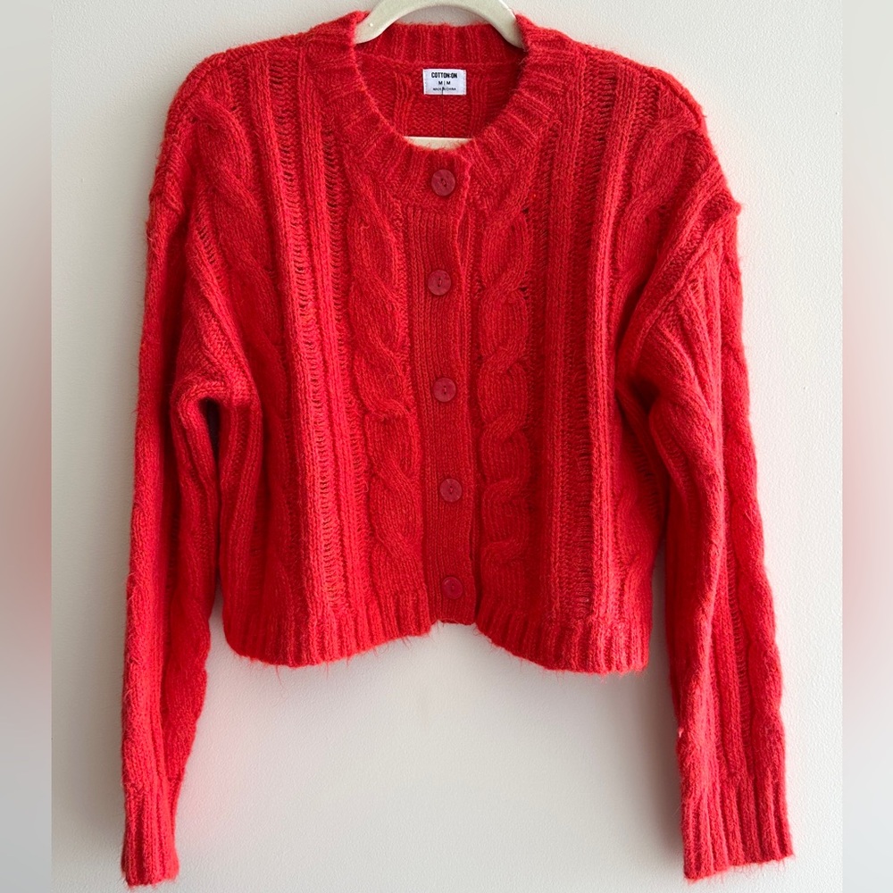 Cotton On Fluffy Mid Cable Crew Cardigan, Red Pepper, Size Medium, NWT